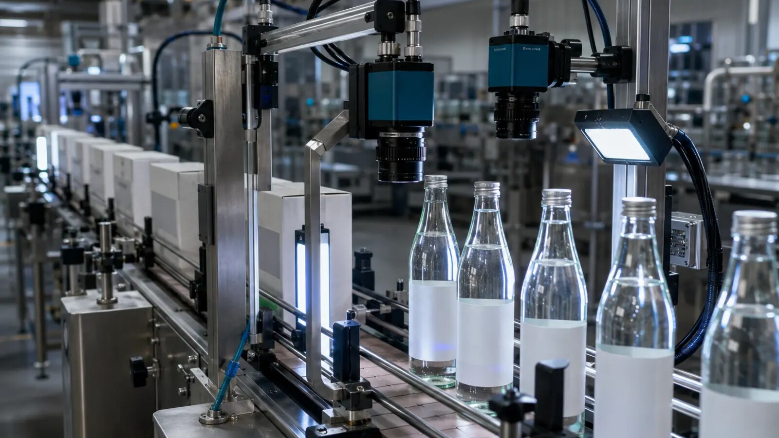 Industrial cameras inspecting bottles on an operating production line
