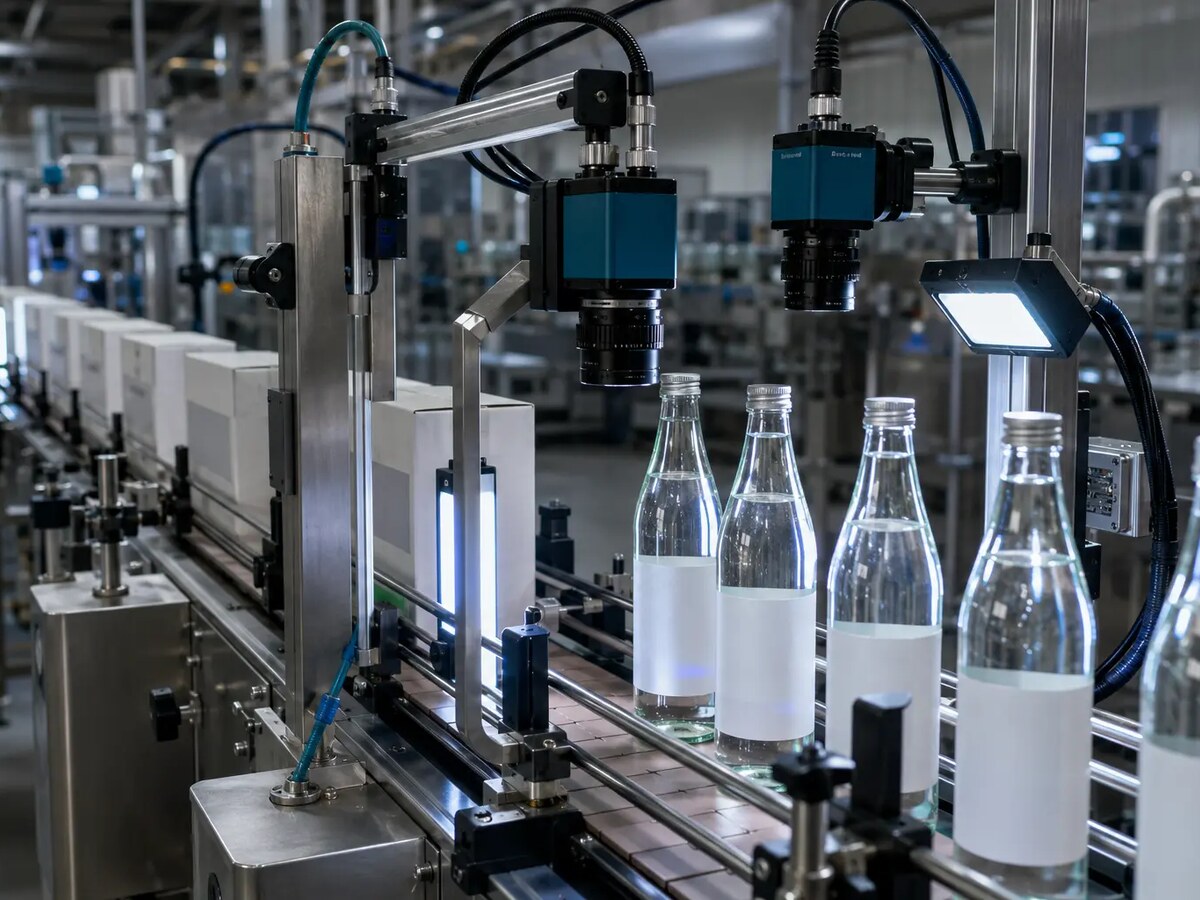 Machine vision cameras inspecting products on a conveyor