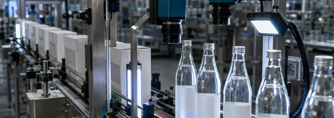 Industrial cameras inspecting bottles on an operating production conveyor